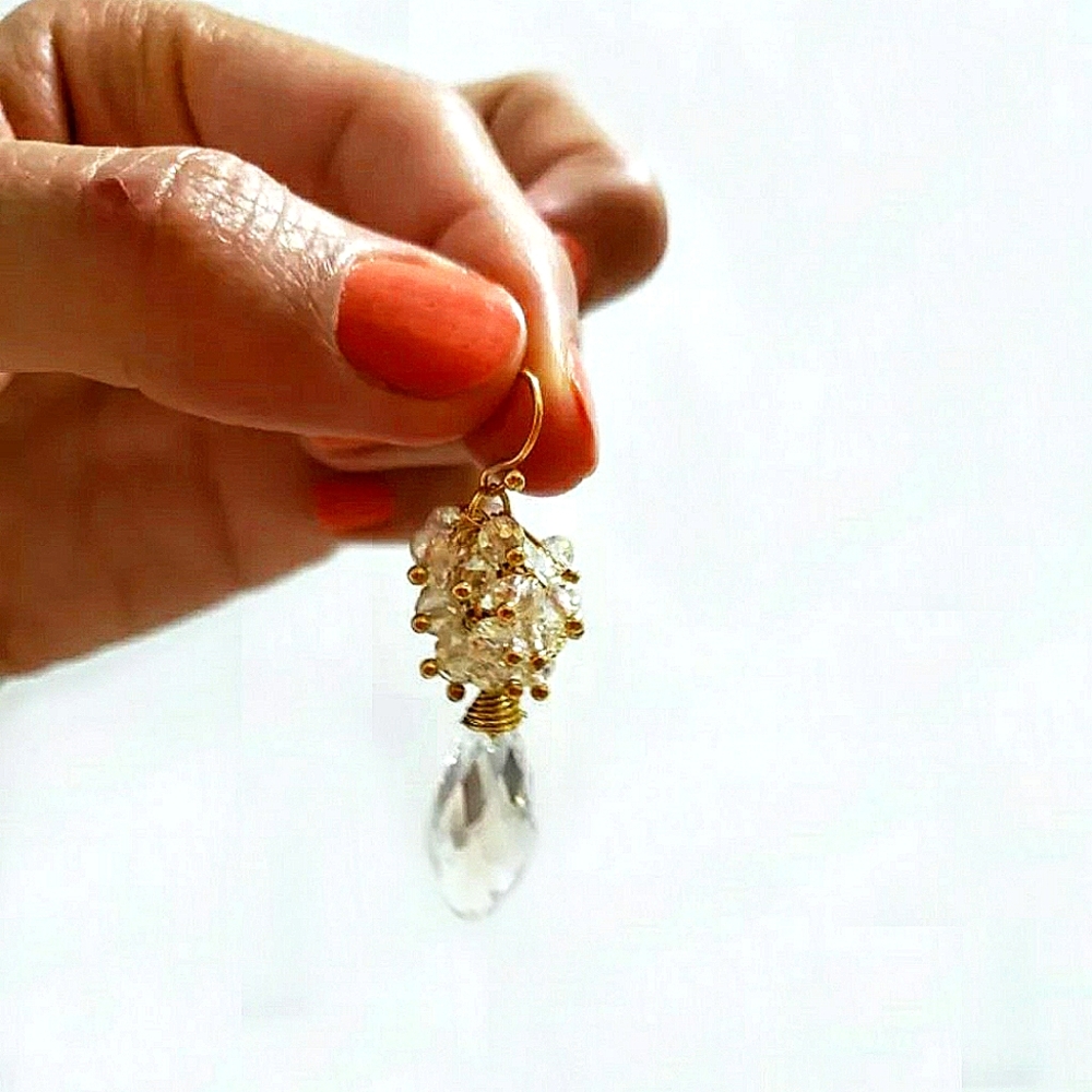 Chandelier style crystal earrings w/seed pearl clusters - Picture 2 of 4
